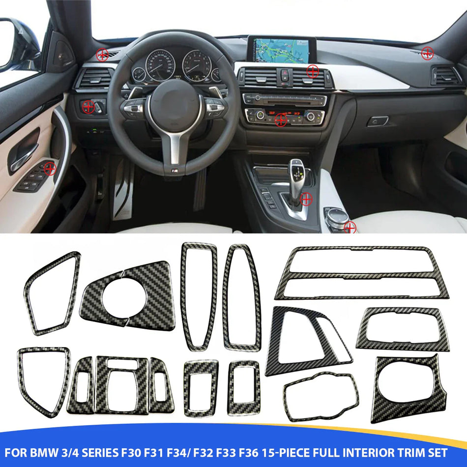 SPCRSO 15PCS Genuine Carbon Fiber Full Interior Overlay Trim Kit Compatible with BMW 3 Series F30 F31, GT F34, 4 Series F32 F33 F36 (2013–2017)